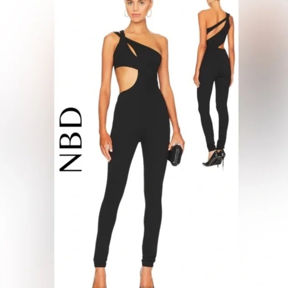 NWT NBD Black Priscill One Shoulder Cut Out Jumpsuit